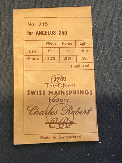 CR No. 715 TIME Mainspring for Angelus caliber 240 Alarm Clock