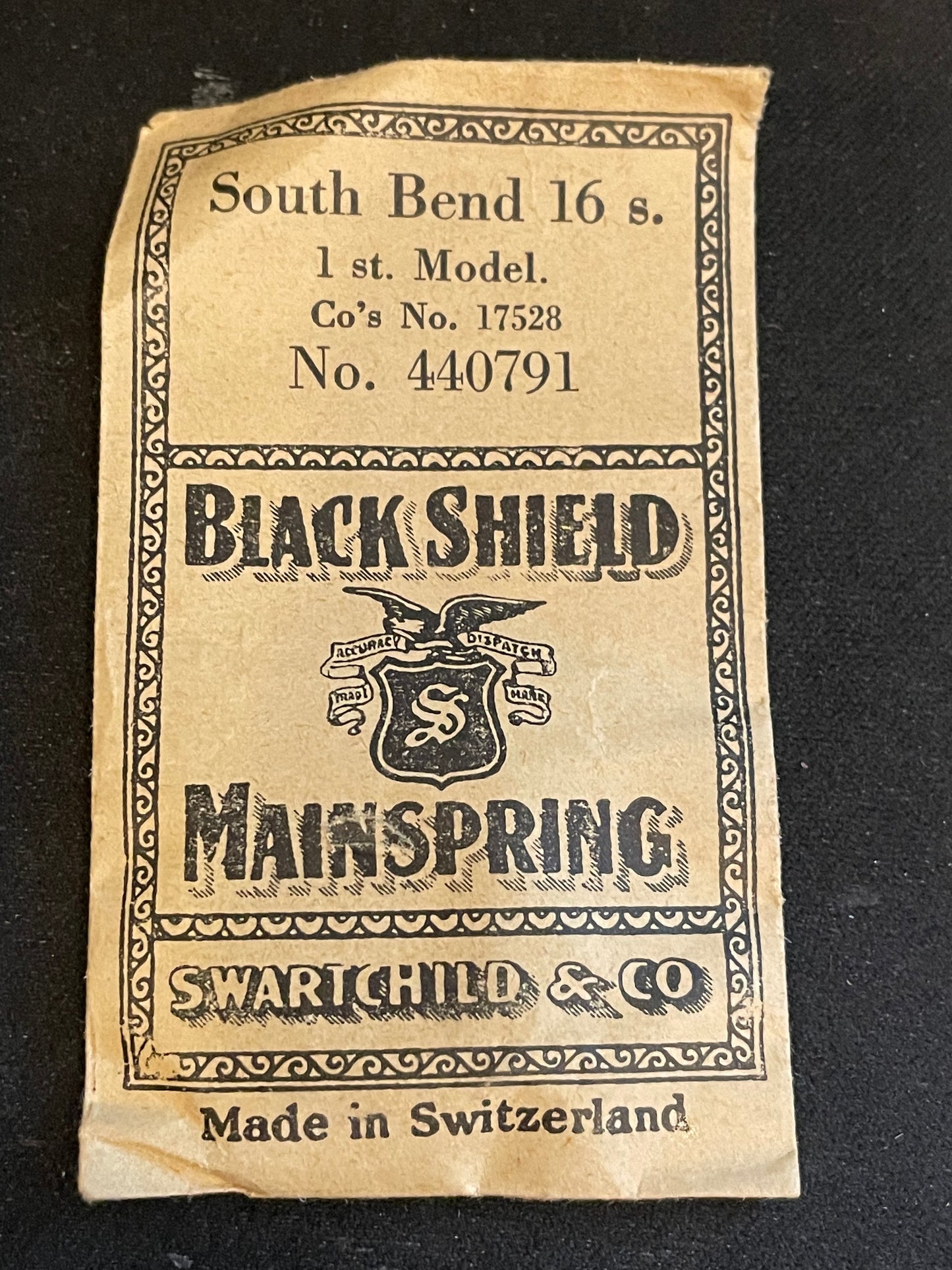 Swartchild Black Shield Mainspring #440791 for 16s South Bend No. 17528 - Steel