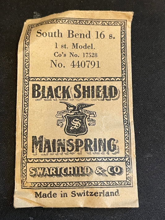 Swartchild Black Shield Mainspring #440791 for 16s South Bend No. 17528 - Steel