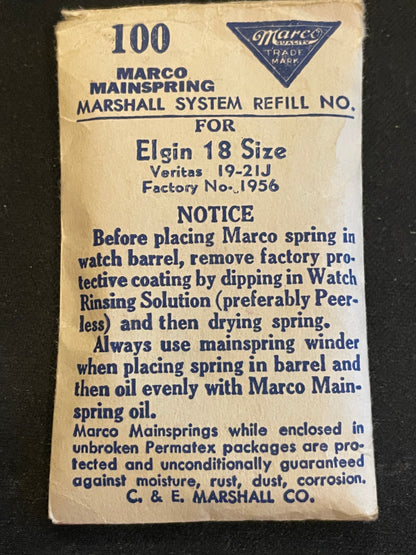 Marco Mainspring #100 for Elgin 18s Veritas No. 1956 - Steel