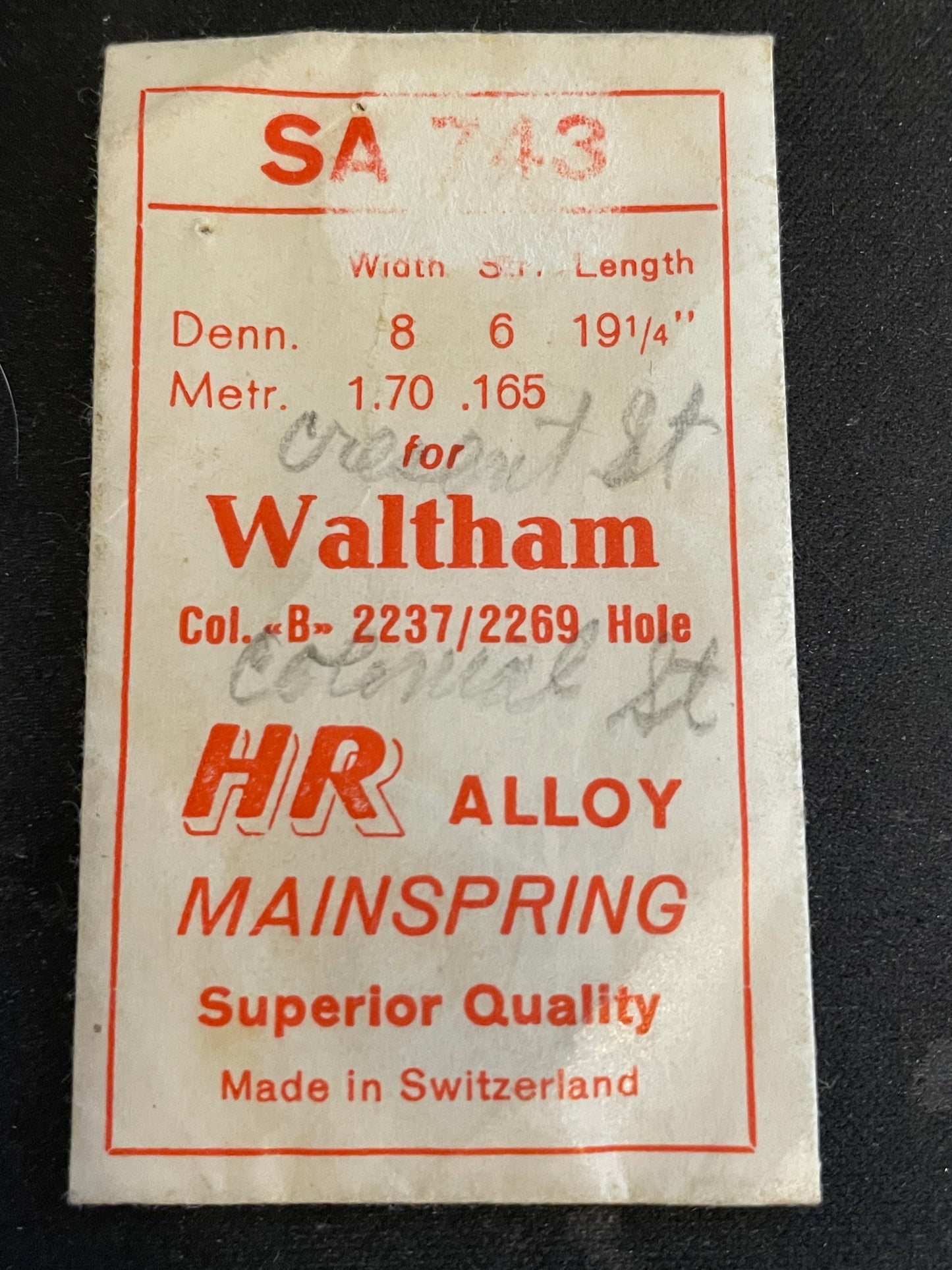 HR Mainspring SA743 for Waltham 12s Colonial B No. 2237 / 2269 - Alloy