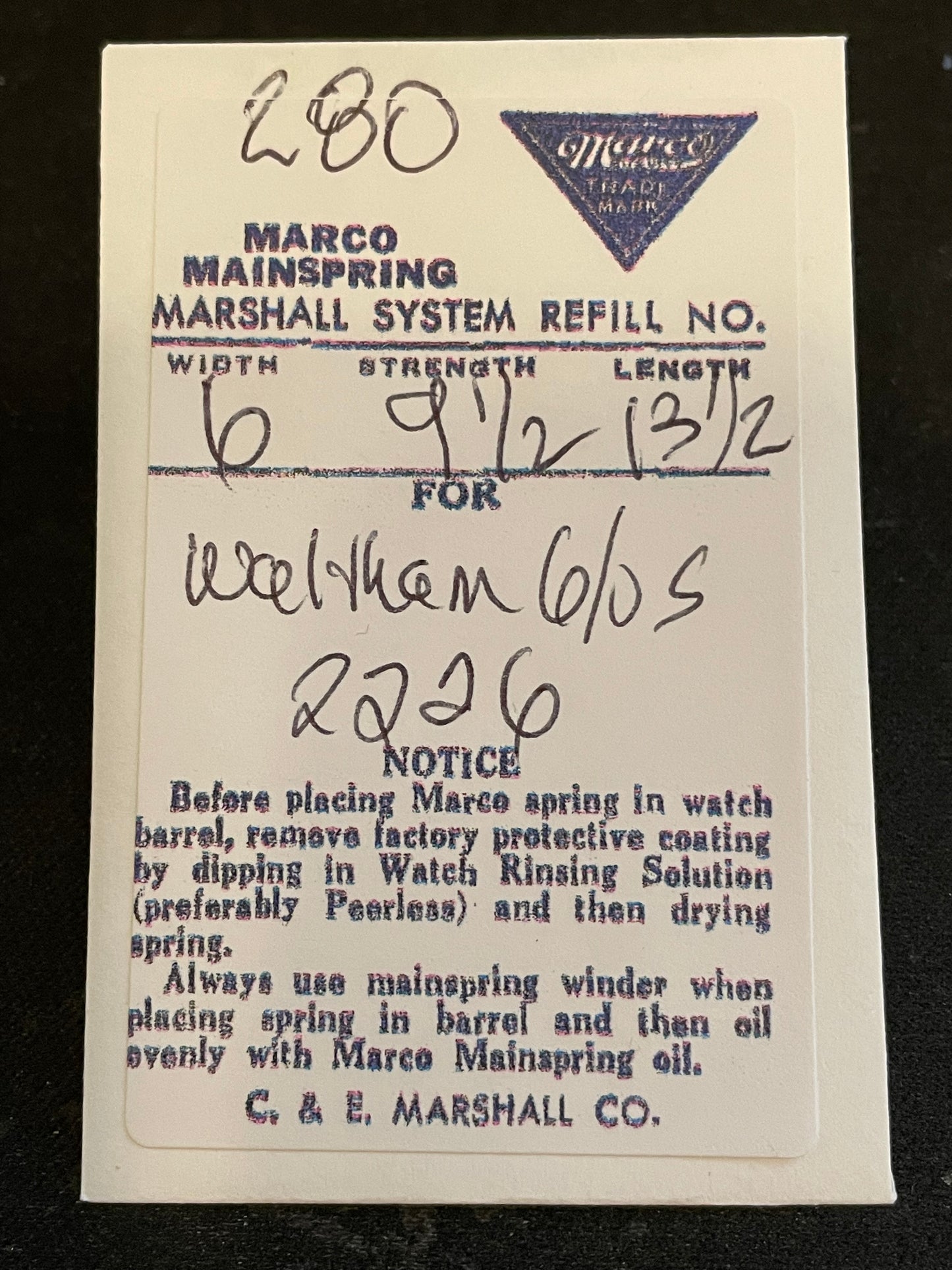 Marco Mainspring #280 for Waltham 6/0s Jewel & 1942 Series No. 2226 - Steel