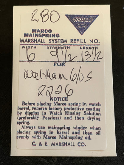 Marco Mainspring #280 for Waltham 6/0s Jewel & 1942 Series No. 2226 - Steel