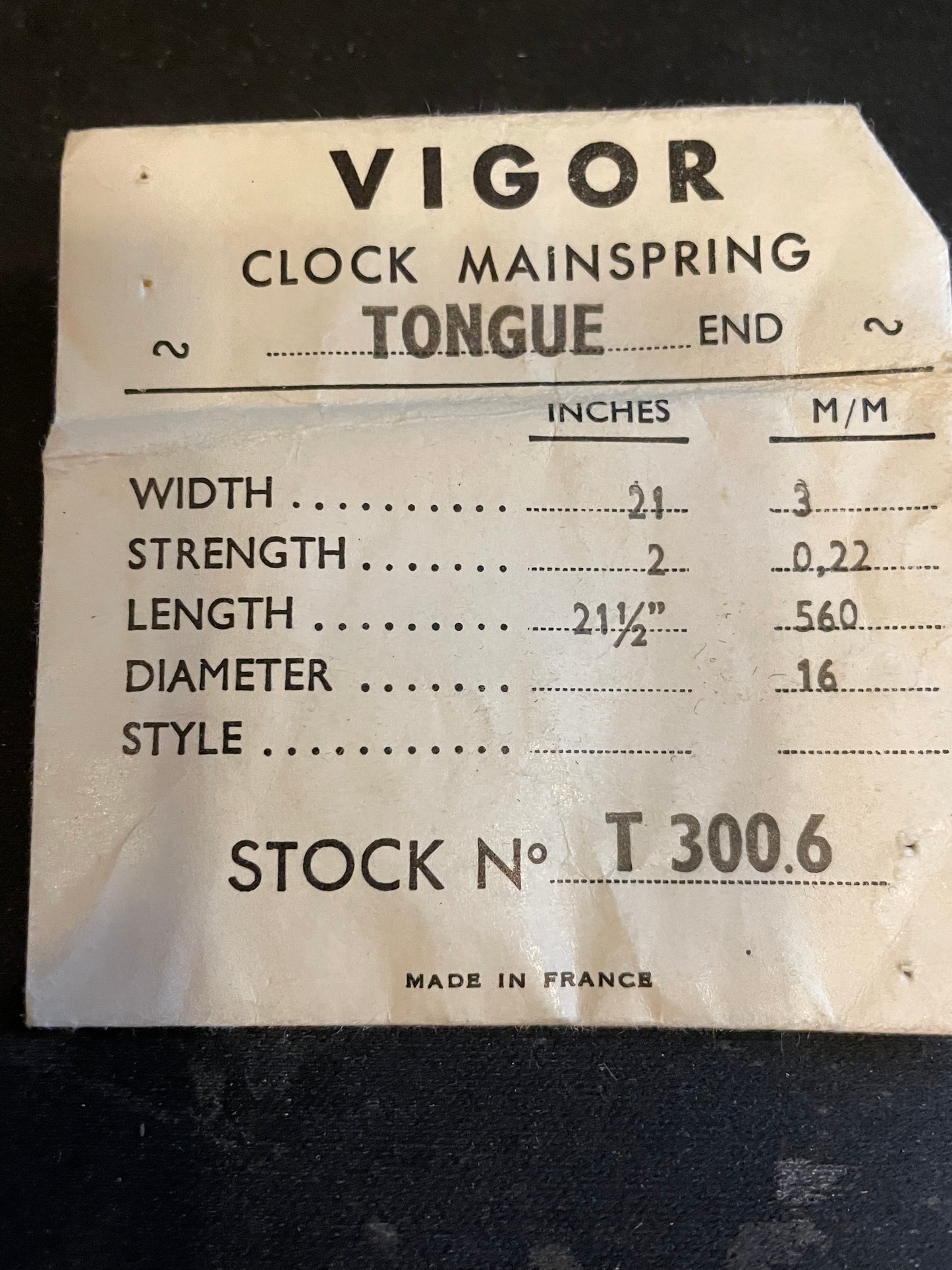 Vigor TONGUE End Clock Mainspring - 21 x 2 x 21½" Long - T 300.6