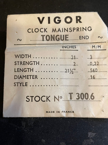 Vigor TONGUE End Clock Mainspring - 21 x 2 x 21½" Long - T 300.6