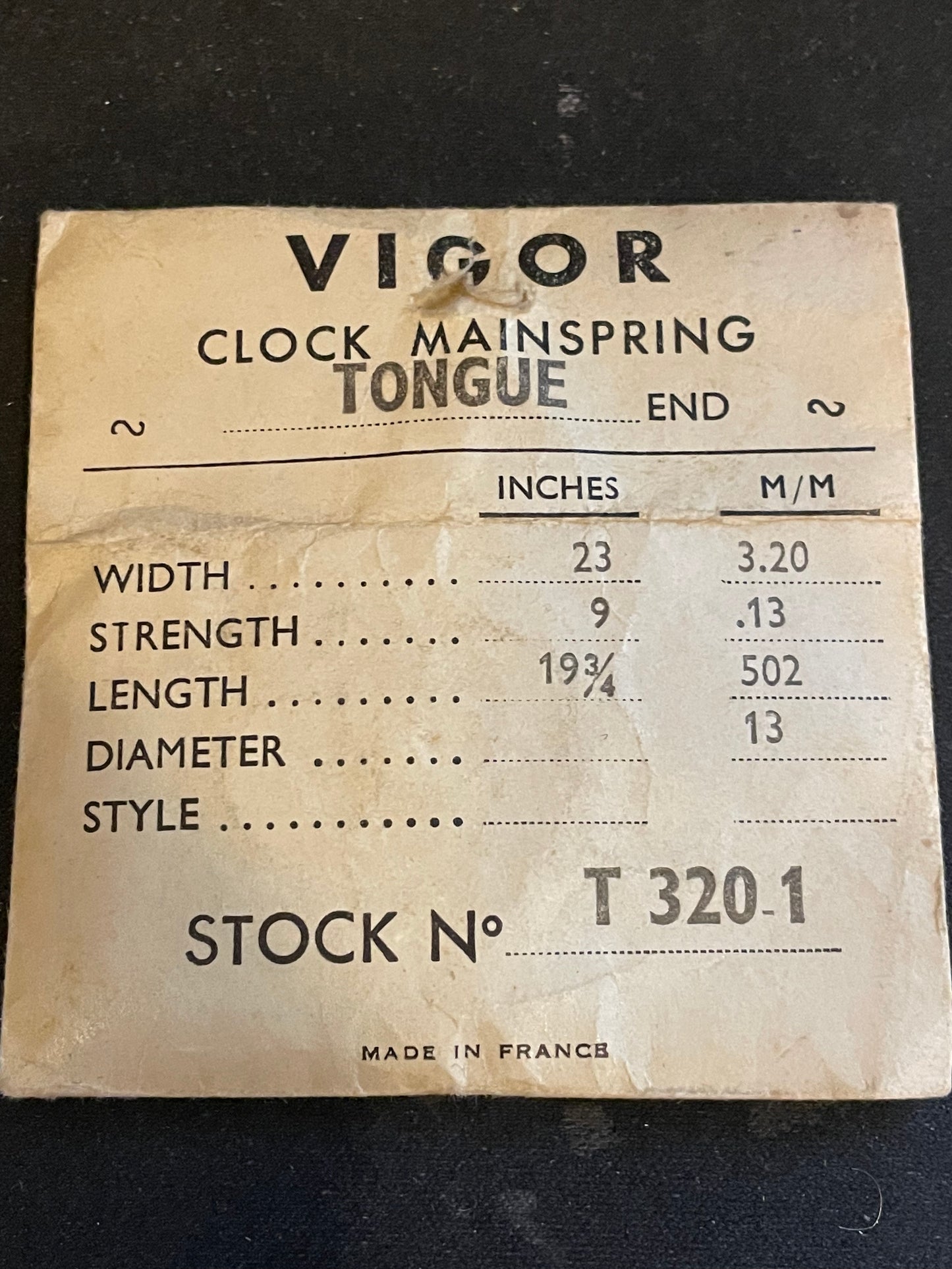 Vigor TONGUE End Clock Mainspring - 23 x 9 x 19¾" Long - T 320.1