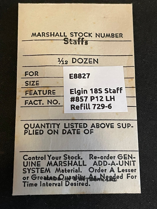 C & E Marshall balance staff E8827 for Elgin 18s No. 857 P12 Long Hub