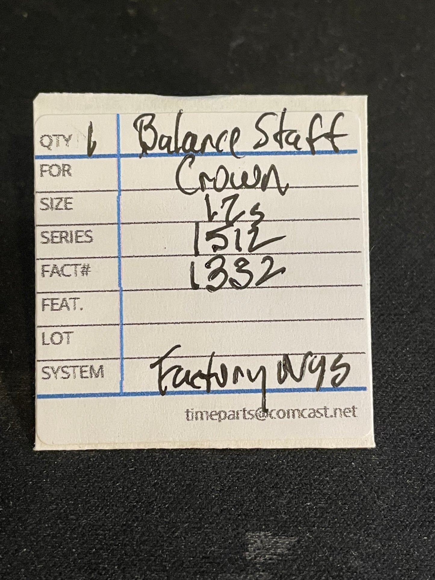 Crown Factory Balance Staff for 12s Pocket Watch movements No. 1332