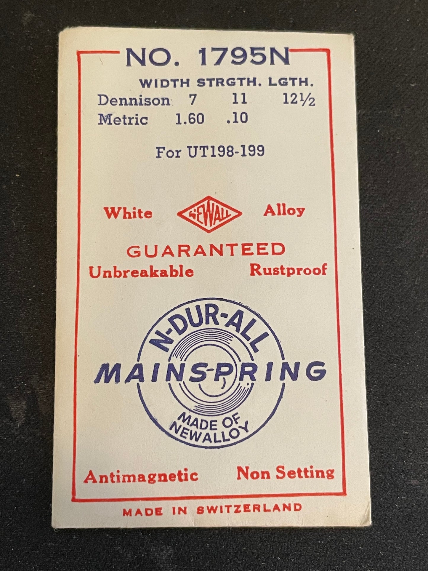 Newall Unbreakable Mainspring 1795N for Unitas caliber 198, 199 - Alloy
