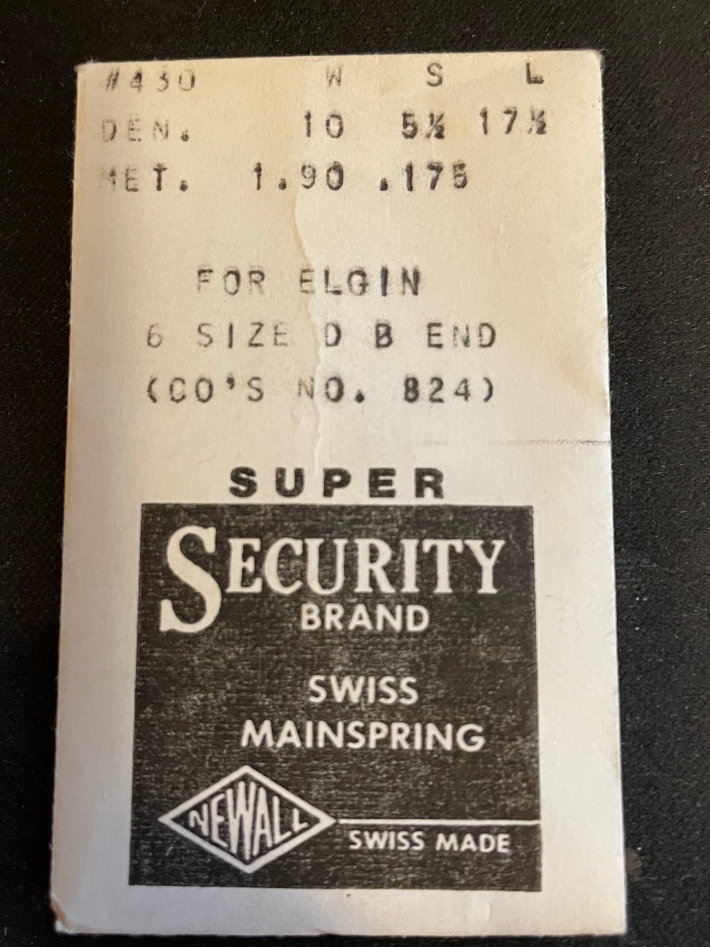 Newall SUPER Security Mainspring #430 for Elgin 6s Factory No. 824 - Alloy