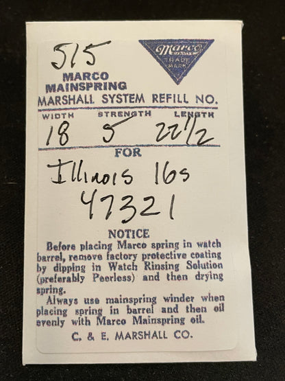 Marco Mainspring #515 for 16s Illinois Factory No. 47321 - Steel