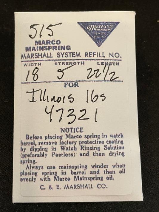 Marco Mainspring #515 for 16s Illinois Factory No. 47321 - Steel