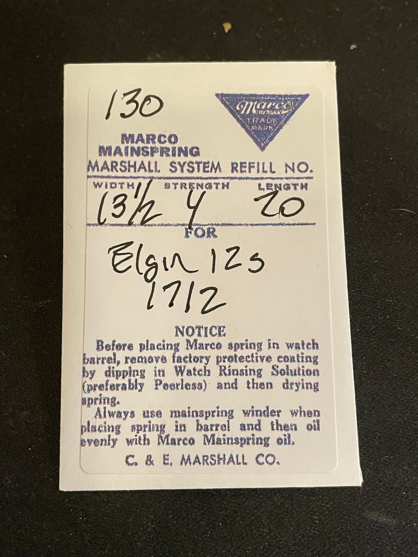 Marco Mainspring #130 for 12s Elgin 7j to 17j movements No. 1712 - Steel
