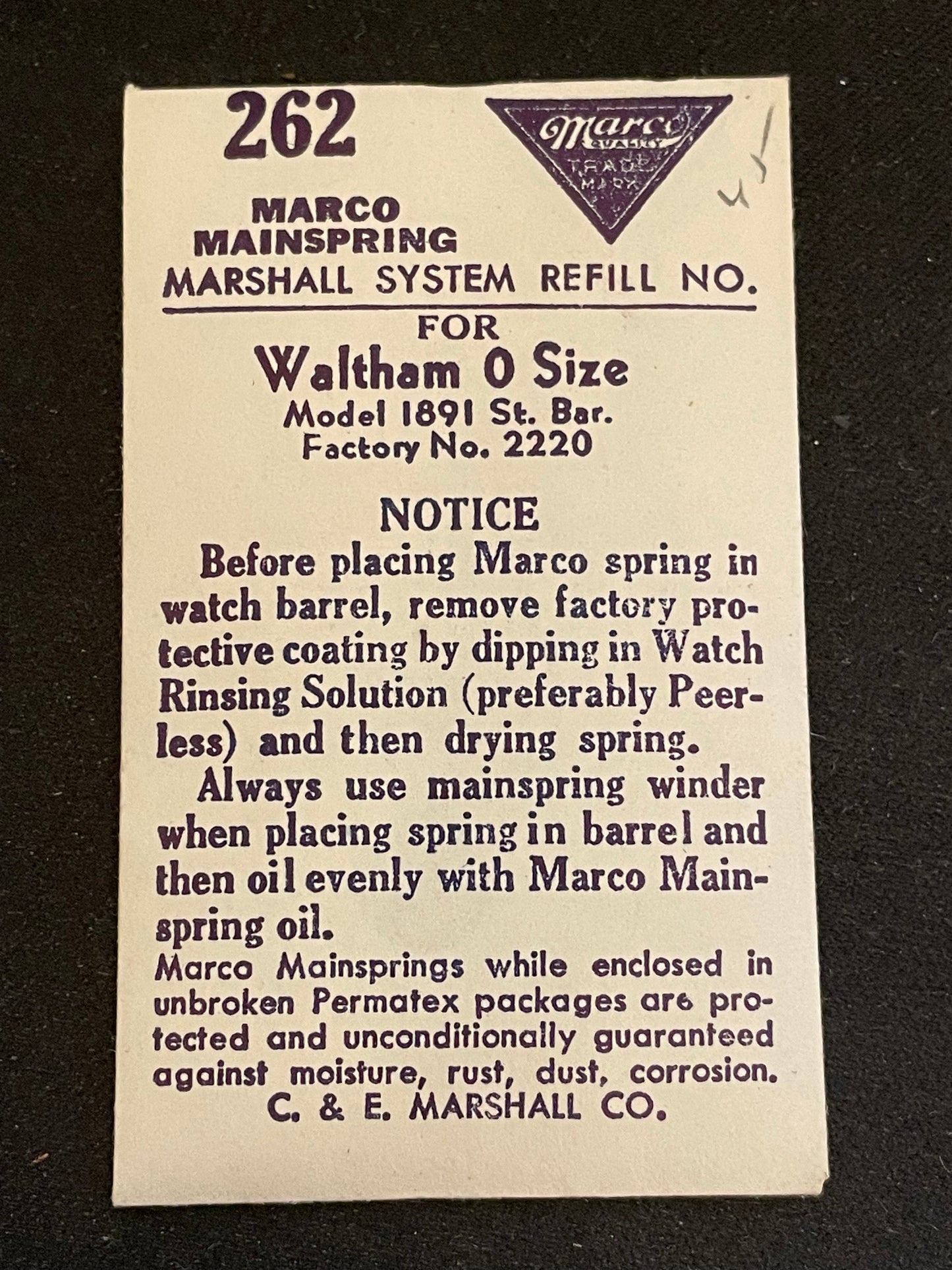 Marco Mainspring #262 for 0s Waltham Factory No. 2220 - Steel