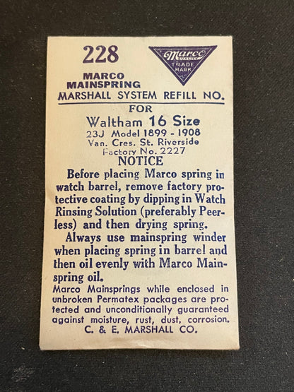 Marco Mainspring #228 for Waltham 16s 23j Factory No. 2227 - Steel
