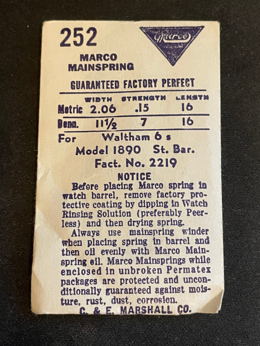 Marco Mainspring #252 for 6s Waltham Factory No. 2219 - Steel