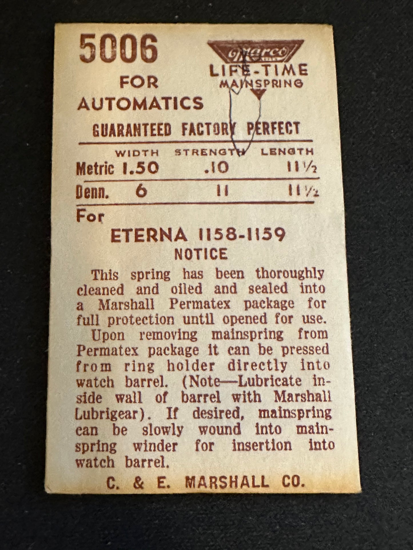 Marco Mainspring 5006 for Eterna 1158 & 1159 Automatics - Steel