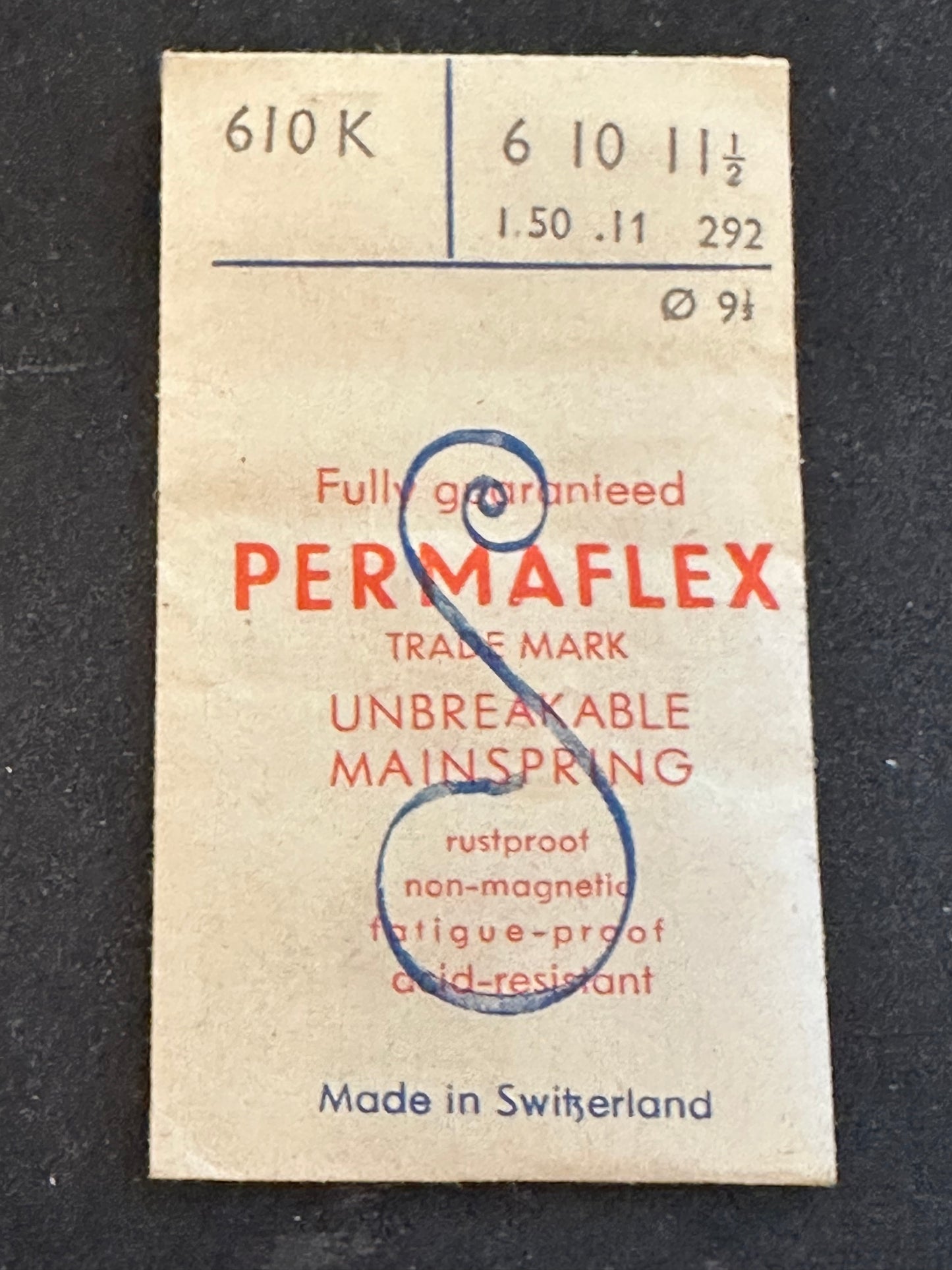 Favorite Permaflex Mainspring No. 610K for Gruen 416, 422,424, 452, 715, Rolex / Tudor 1182 - Alloy