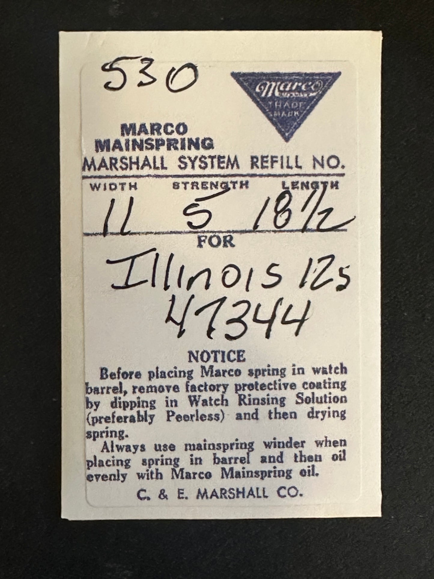 Marco Mainspring #530 for 12s Illinois Factory No. 47344 - Steel