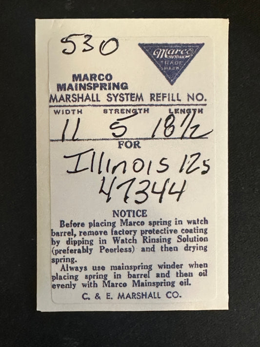 Marco Mainspring #530 for 12s Illinois Factory No. 47344 - Steel