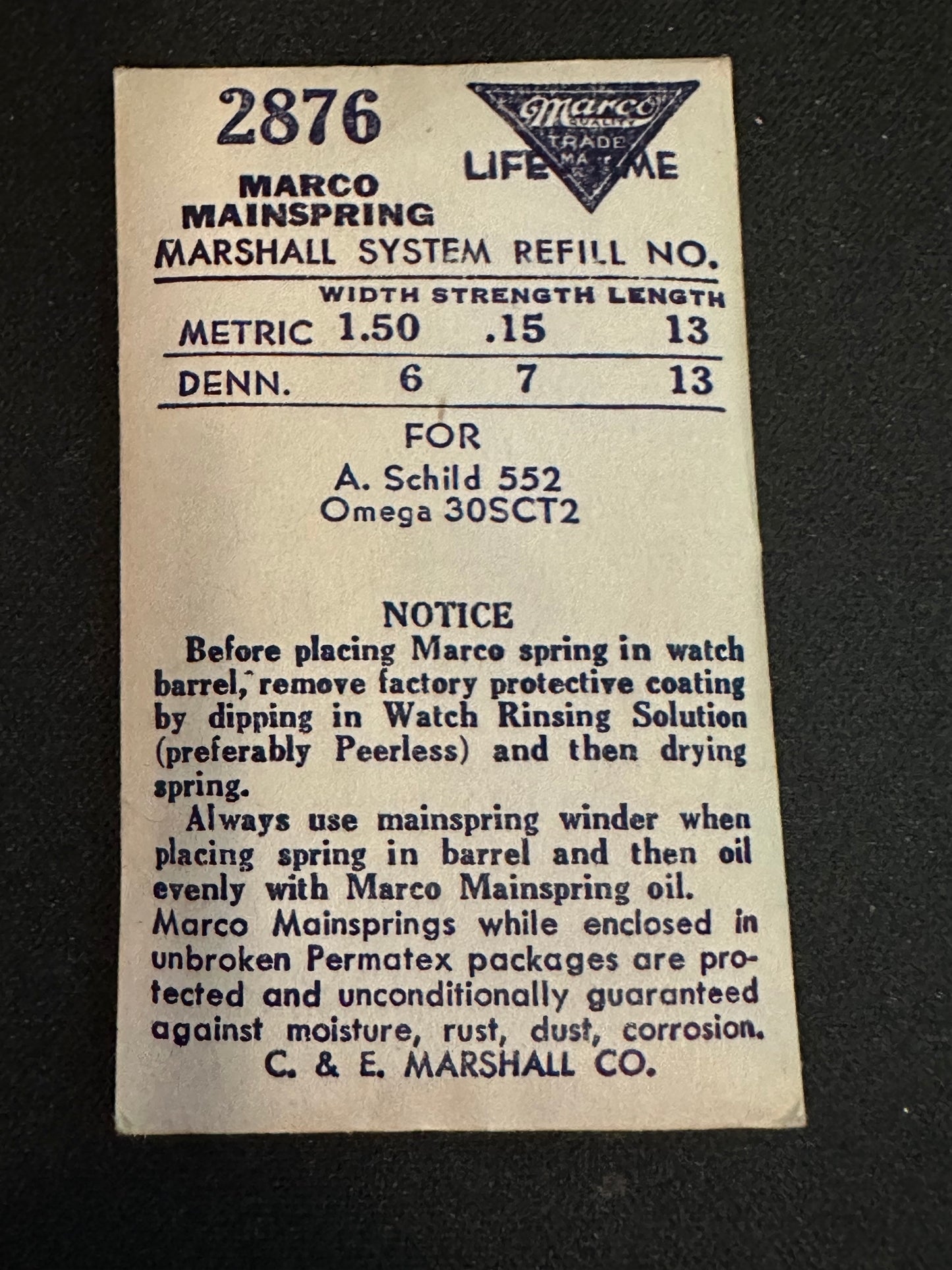 Marco Mainspring #2876 for Omega Caliber 30SCT2, AS 552 - Steel