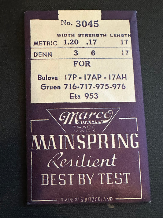 Marco Mainspring #3045 for Bulova 17P, 17AP, 17AH, ETA 953 movements - Steel