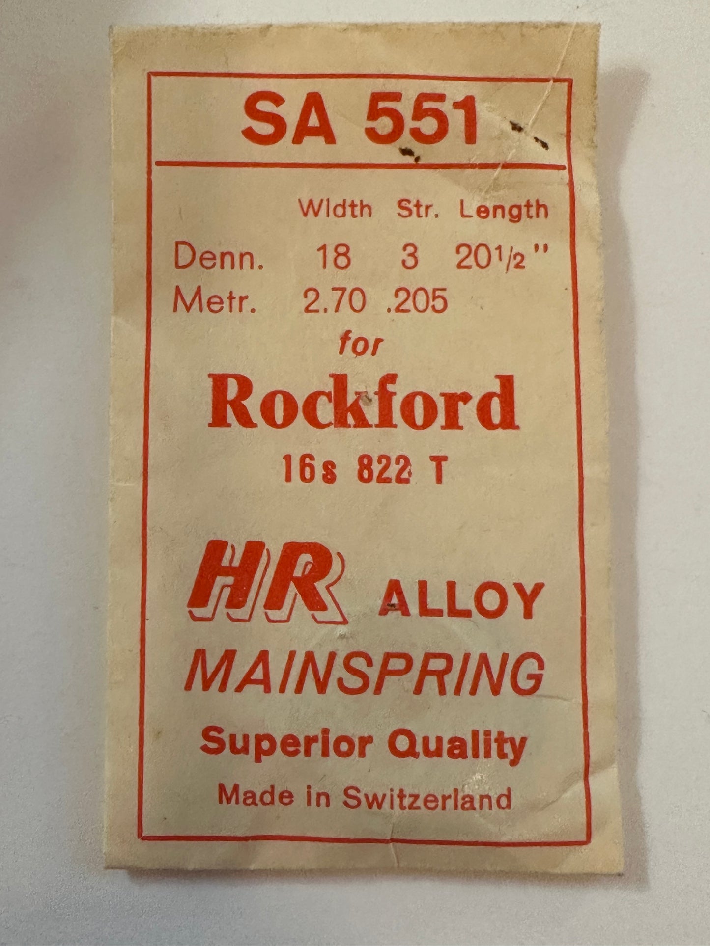 HR Mainspring SA551 for 16s Rockford Factory No. 822 - Alloy