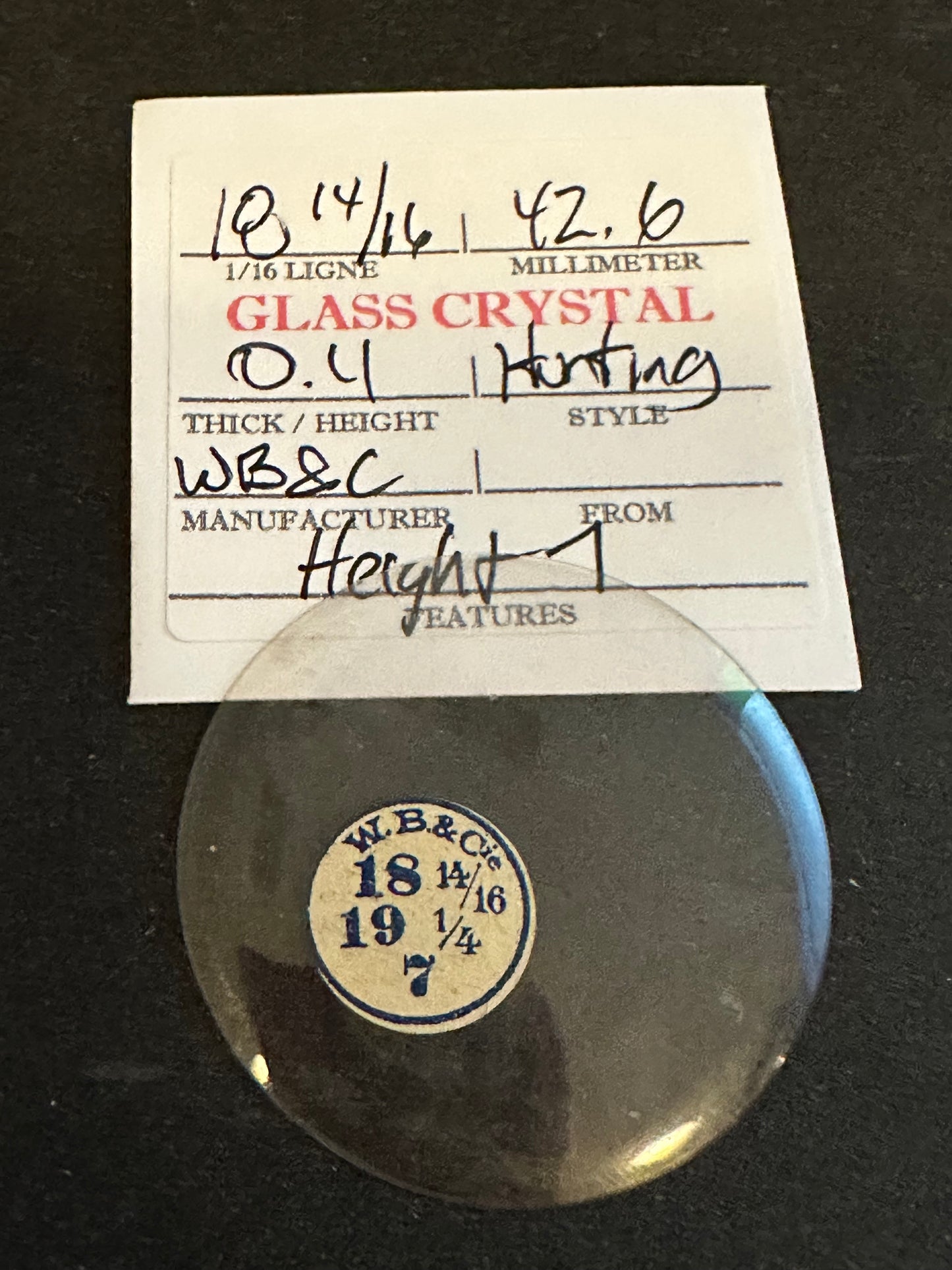 W. B. & C. Vintage Glass Hunting Case Watch Crystal 18-14/16 (~42.6mm) - NOS