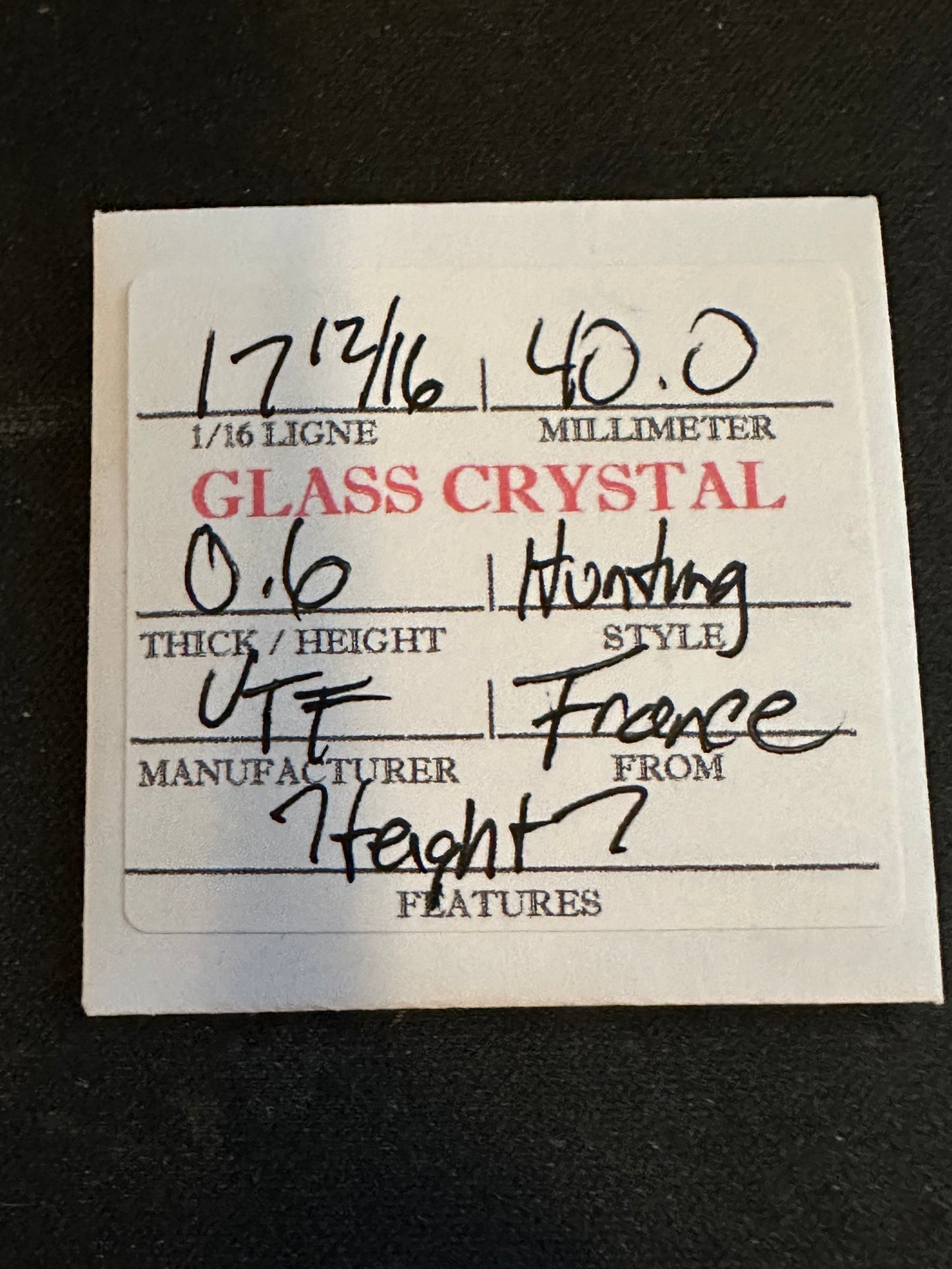 VTF Vintage Glass Hunting Case Watch Crystal 17-12/16 (~40.0mm) - NOS