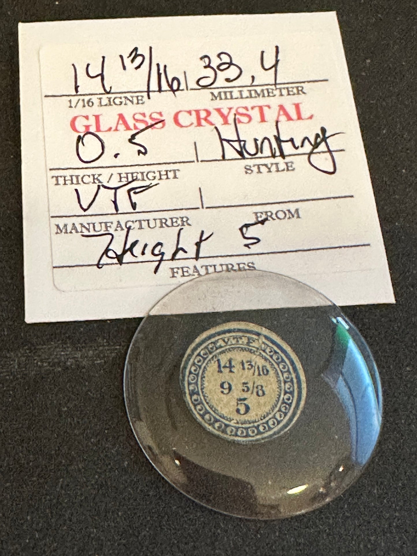 VTF Vintage Glass Hunting Case Watch Crystal 14-13/16 (~33.4mm) - NOS