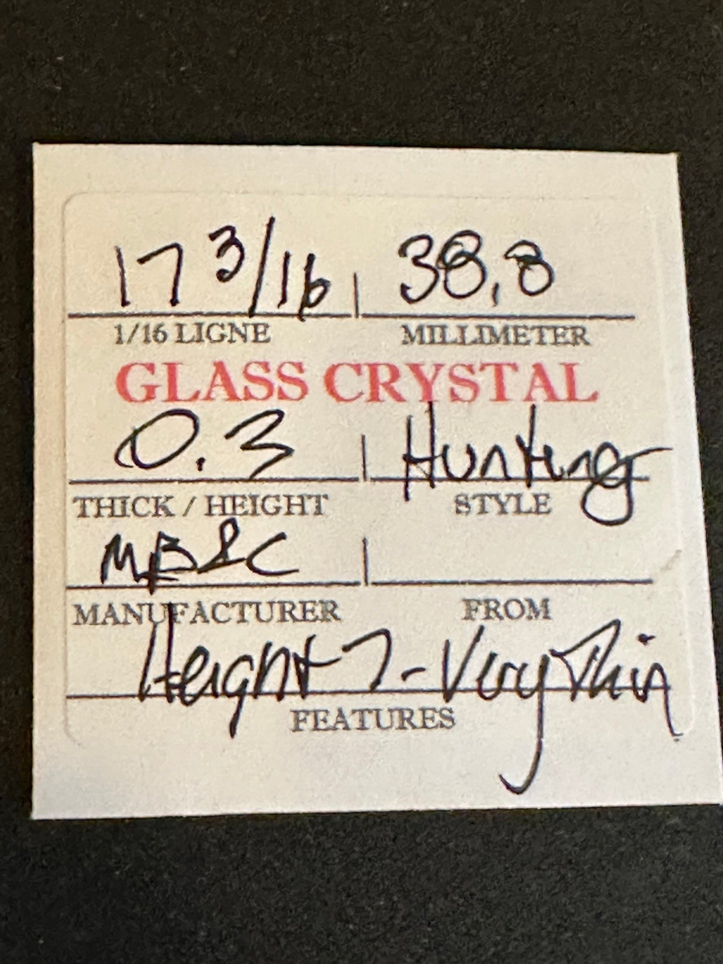 W. B. & C. Vintage Glass Hunting Case Watch Crystal 17-3/16 (~38.8mm) - NOS