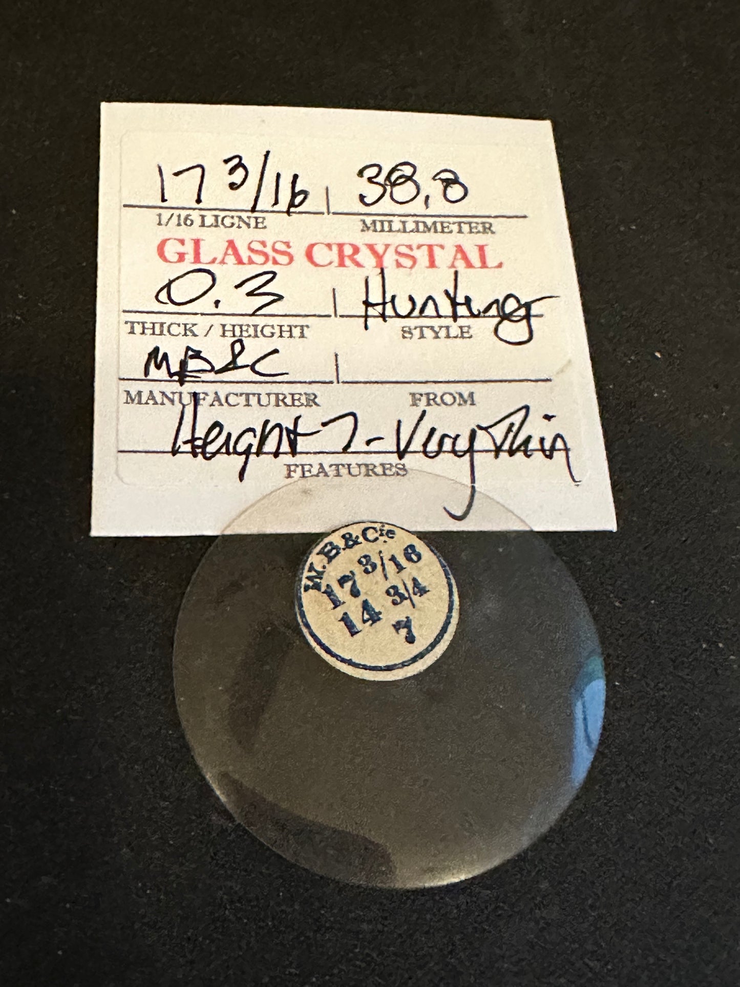 W. B. & C. Vintage Glass Hunting Case Watch Crystal 17-3/16 (~38.8mm) - NOS