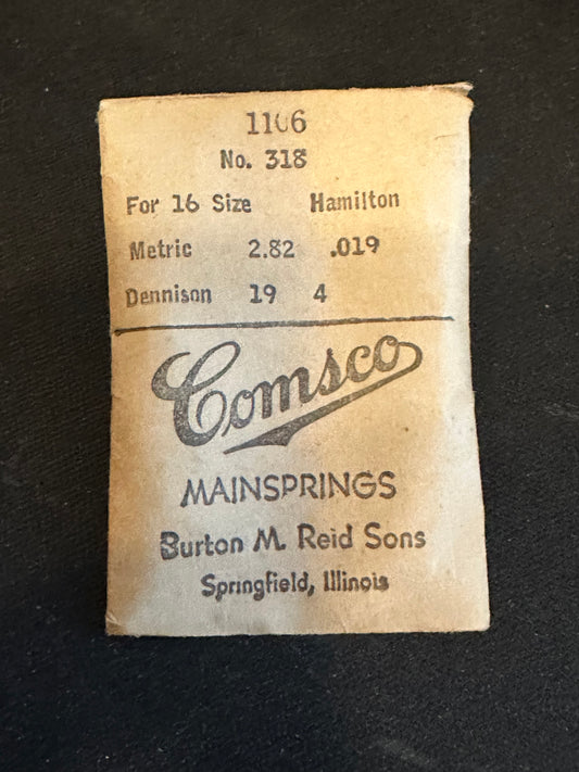 Comsco Mainspring #1106 for Hamilton 16s Factory No. 318 - Steel