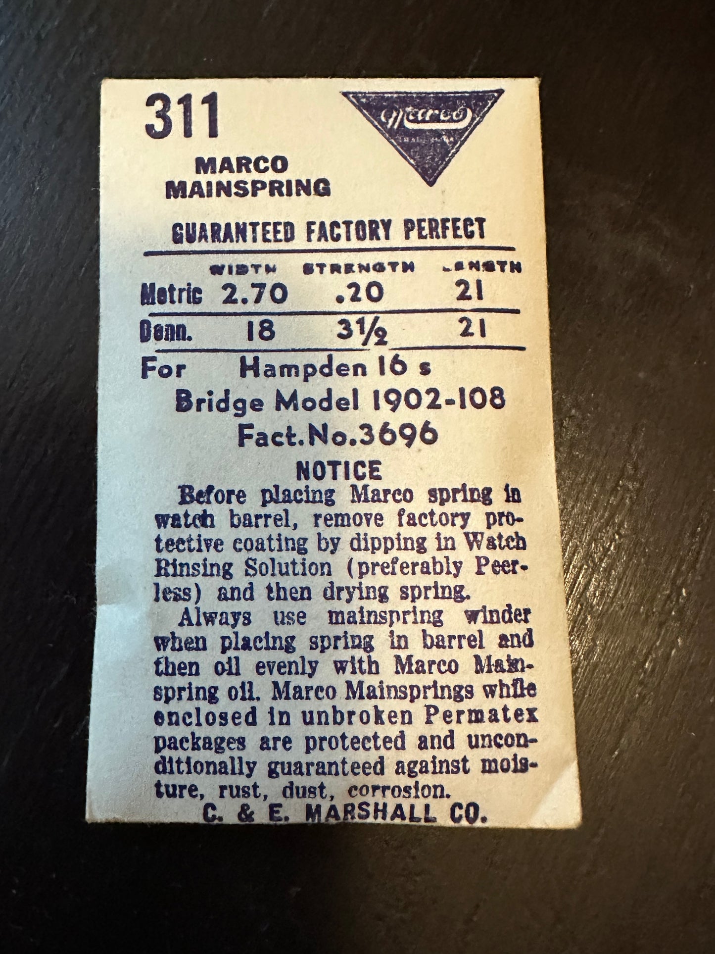 Marco Mainspring #311 for 16s Hampden No. 3696 - Steel