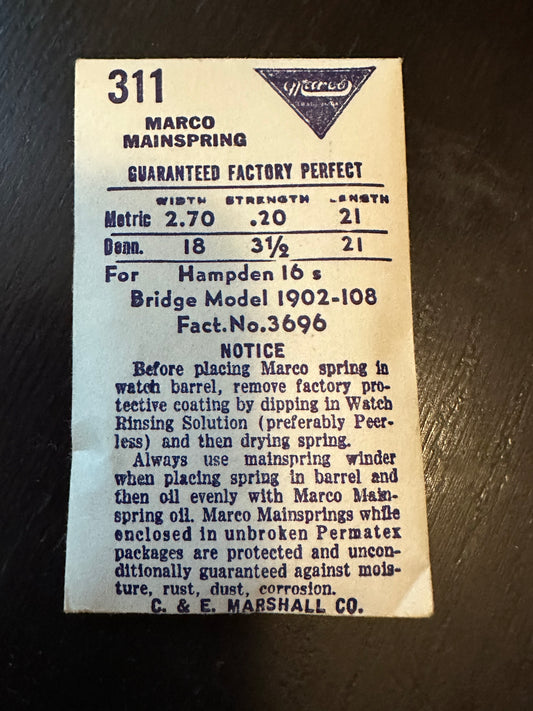 Marco Mainspring #311 for 16s Hampden No. 3696 - Steel