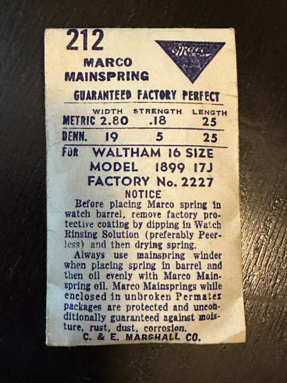 Marco Mainspring #212 for Waltham 16s 17j Factory No. 2227 - Steel