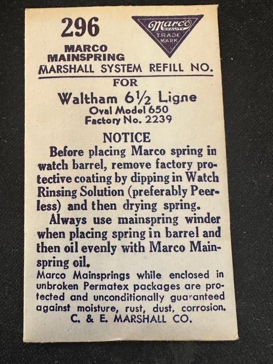 Marco Mainspring #296 for Waltham 6½ Ligne No. 2239 - Steel