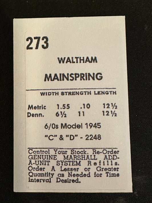 Marco Mainspring #273 for Waltham 6/0s "C" & "D" Model 1945 No. 2248 - Steel