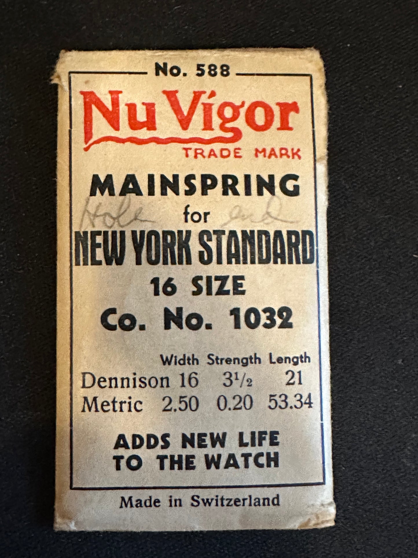 NuVigor Mainspring #588 for NY Standard 16s No. 1032 - Steel