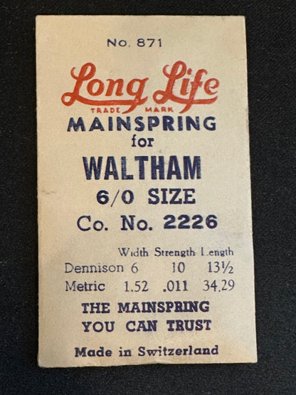 Long-Life Mainspring #871 for Waltham 6/0s No. 2226 - Steel
