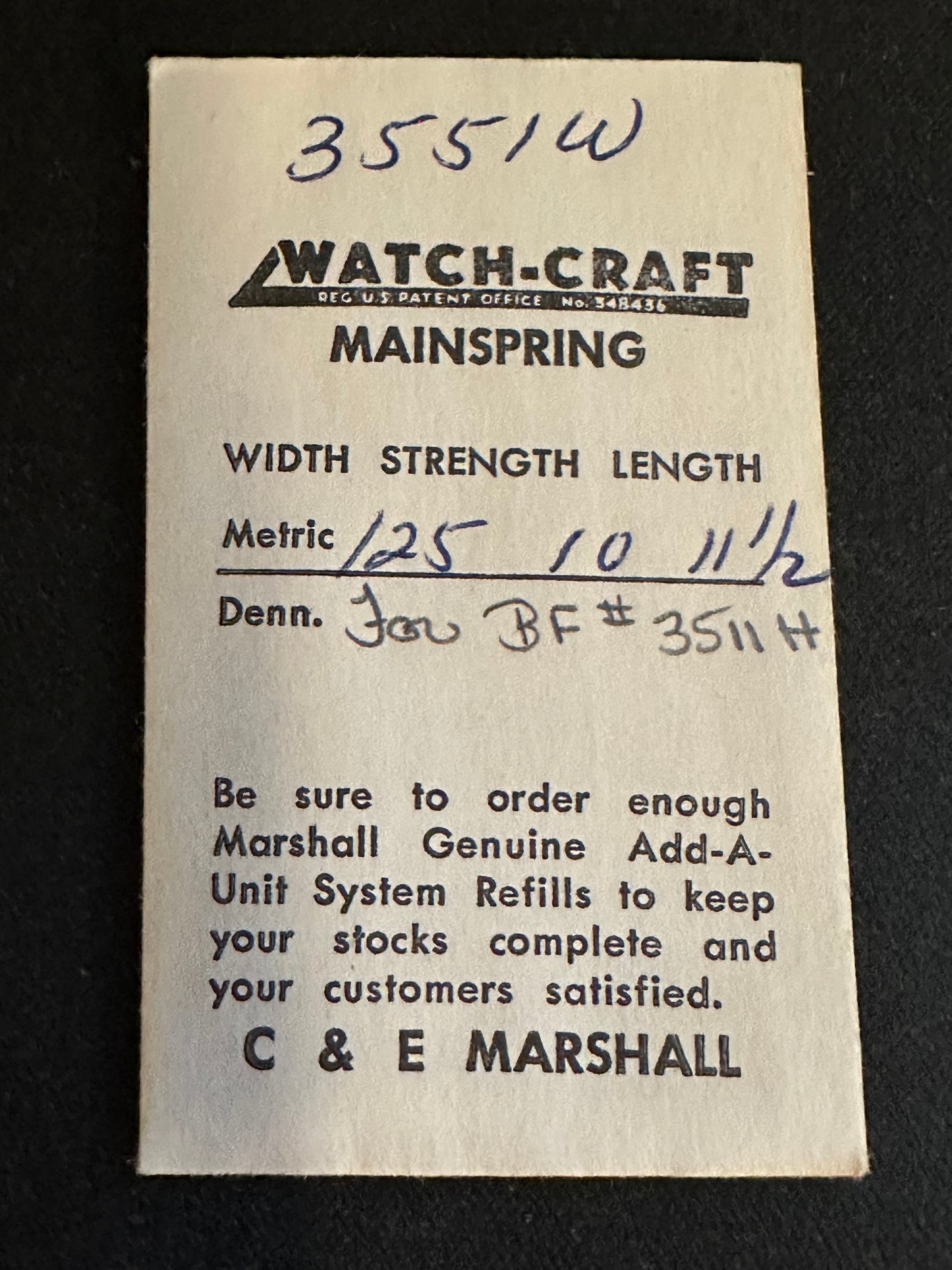 WATCH-CRAFT Mainspring 3551W for Bulova caliber 11AFC, Buser caliber 146 - Alloy