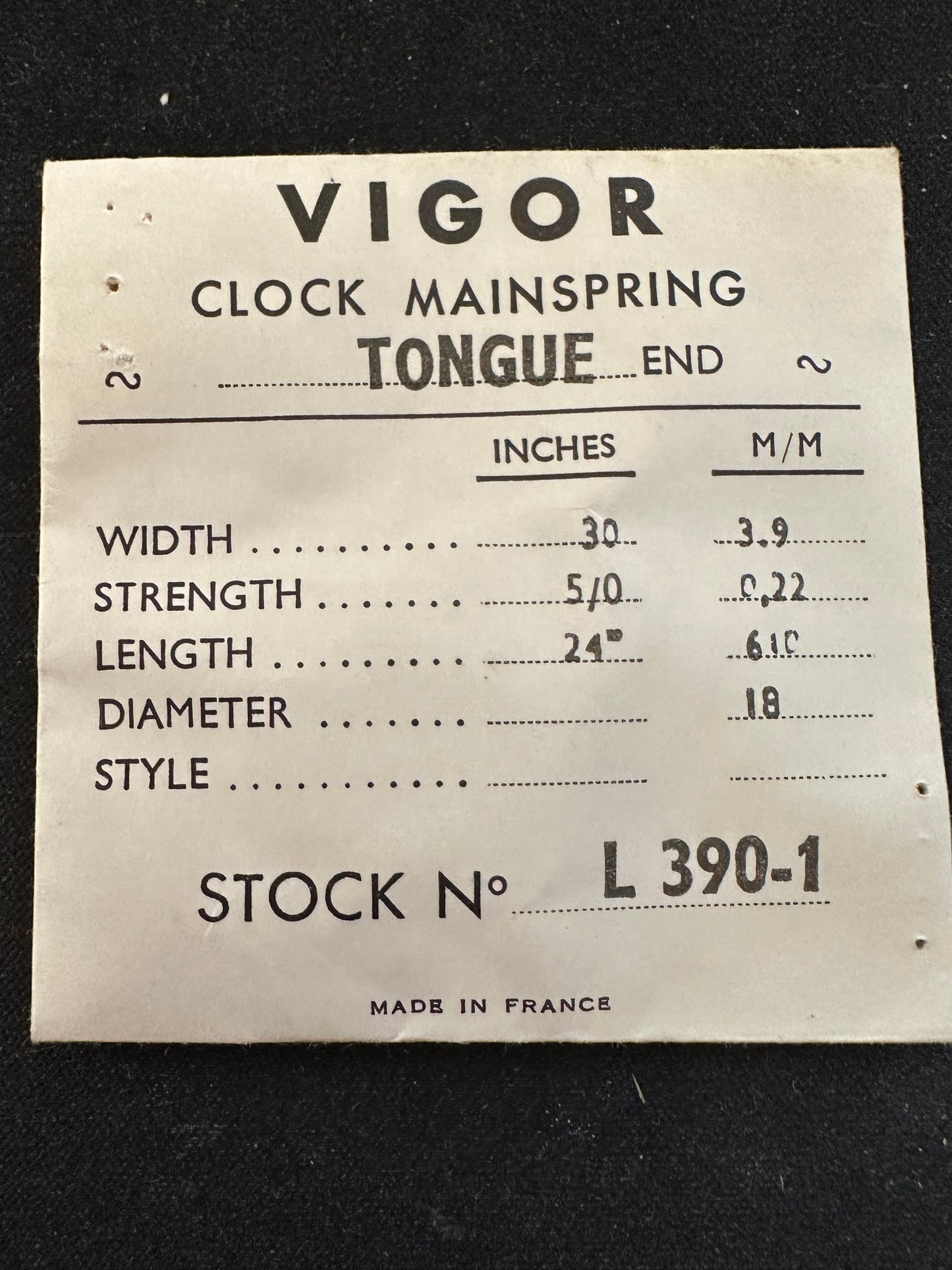 Vigor TONGUE End Clock Mainspring - 30 x 5/0 x 24" Long - T 390-1