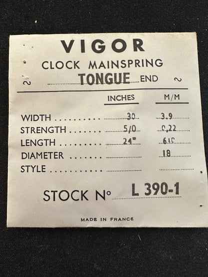 Vigor TONGUE End Clock Mainspring - 30 x 5/0 x 24" Long - T 390-1