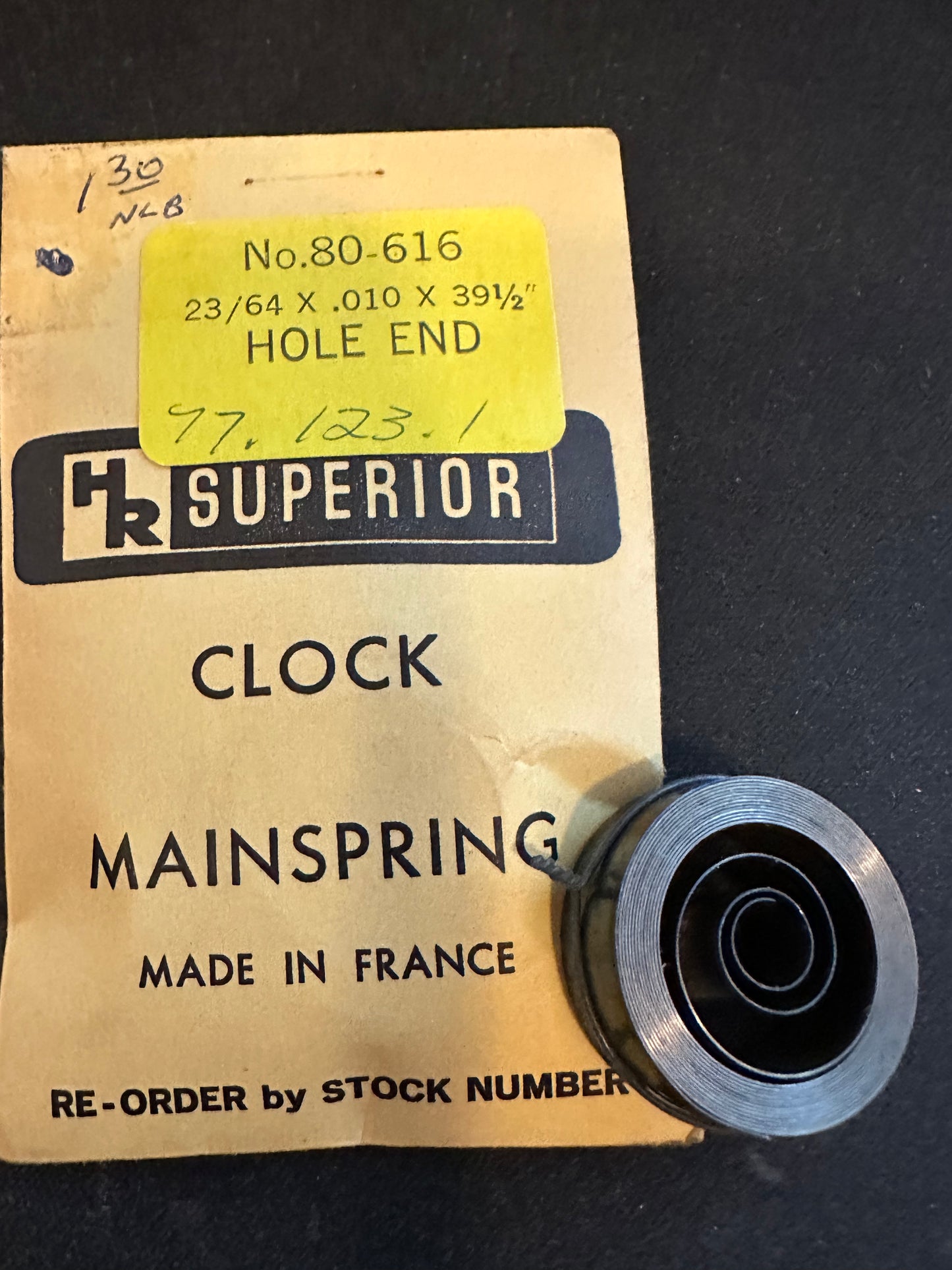HR Superior Hole End Clock Mainspring - 23/64" x .010 x 39½" Long - No. 80-616