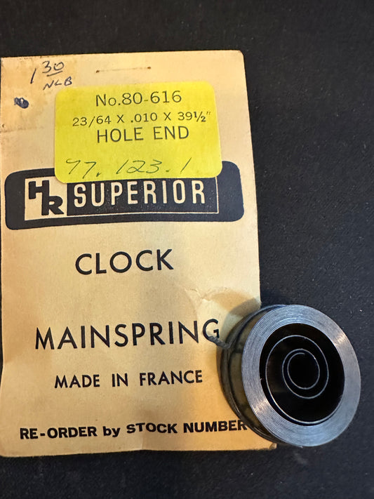 HR Superior Hole End Clock Mainspring - 23/64" x .010 x 39½" Long - No. 80-616