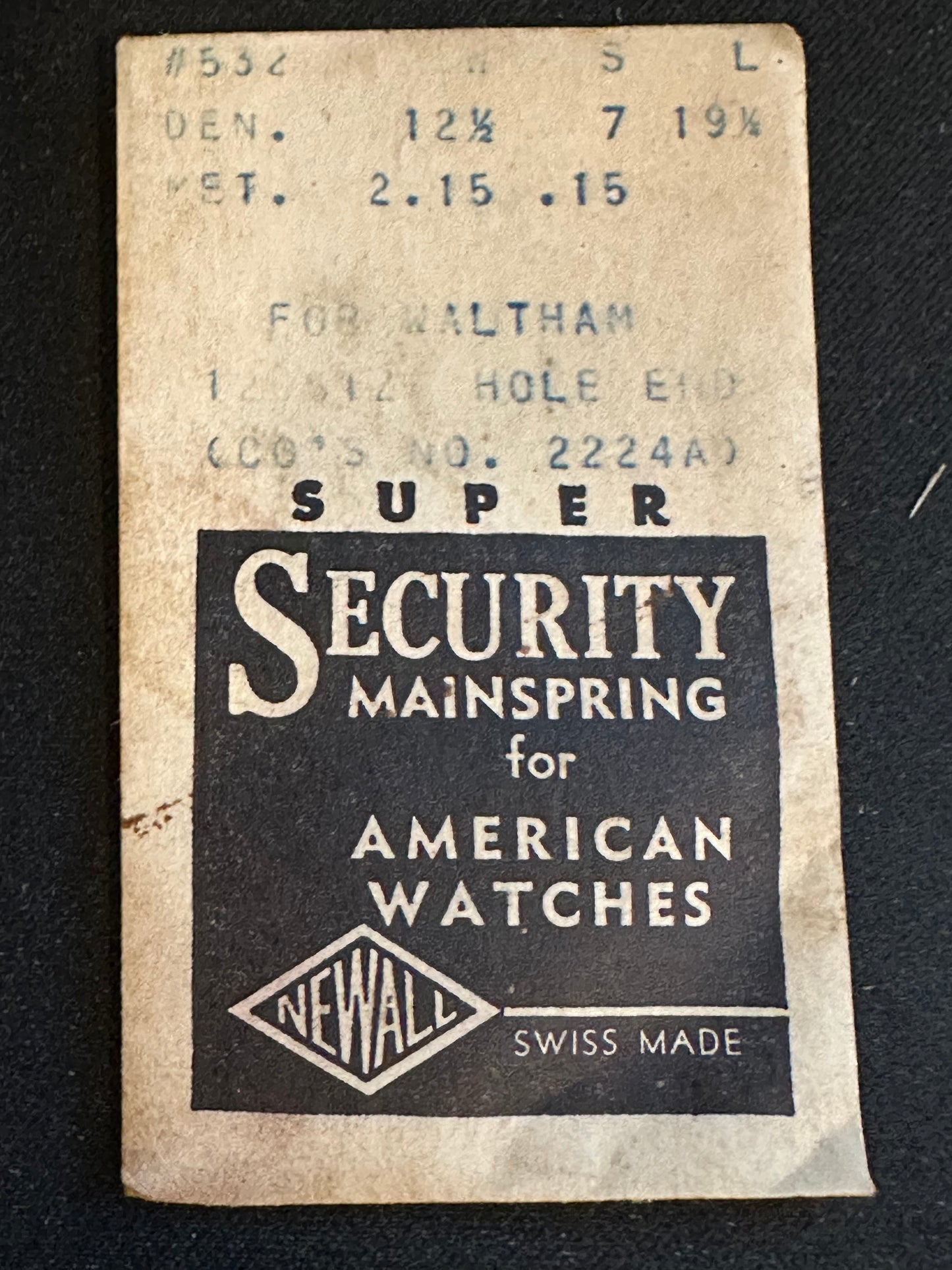 Newall SUPER Security Mainspring #532 for 12s Waltham No. 2224A - Alloy