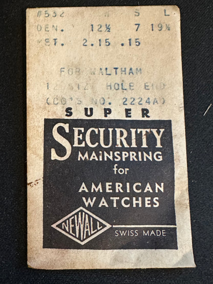 Newall SUPER Security Mainspring #532 for 12s Waltham No. 2224A - Alloy