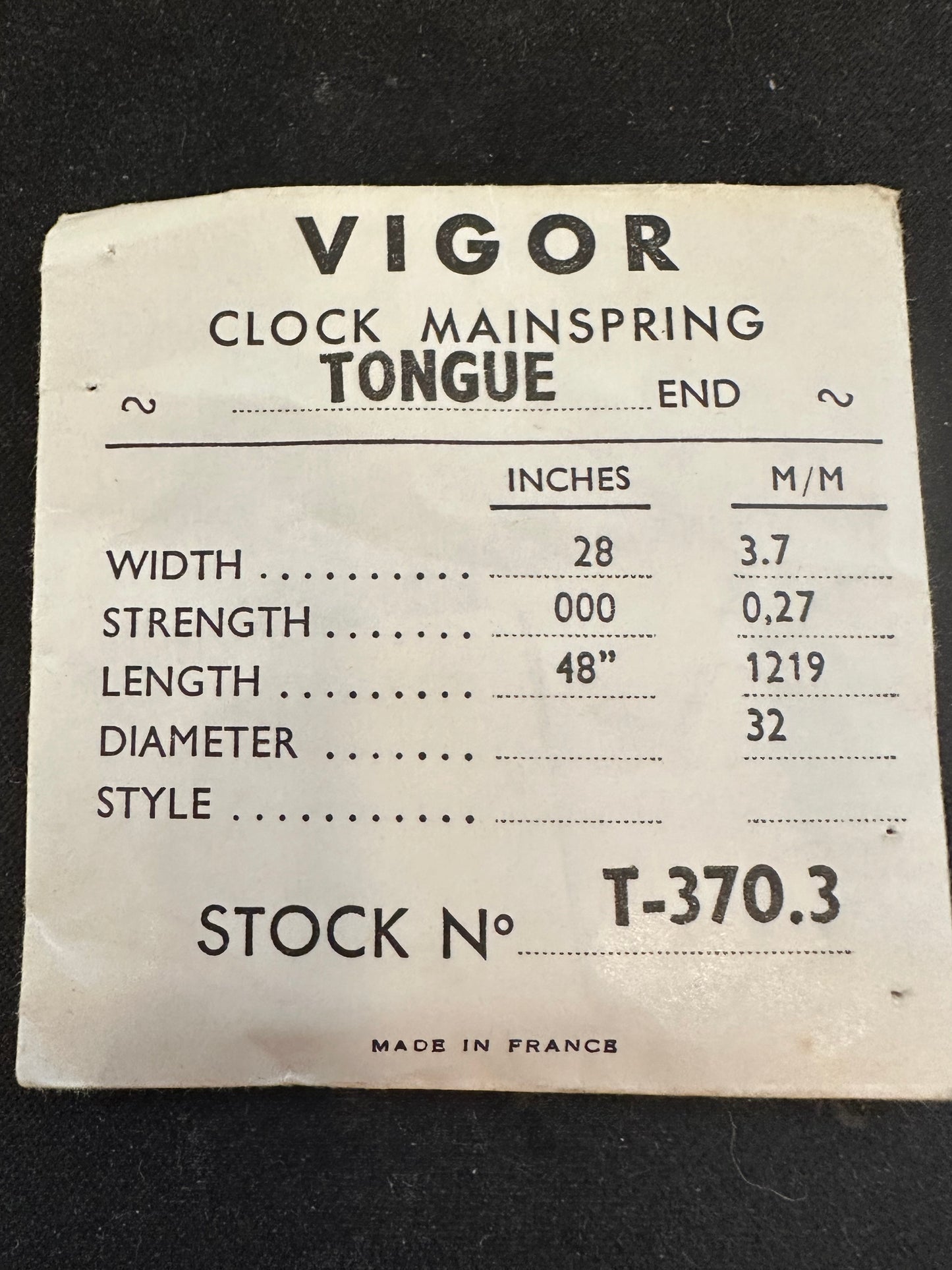 Vigor TONGUE End Clock Mainspring - 28 x 3/0 x 48" Long - T 370.3