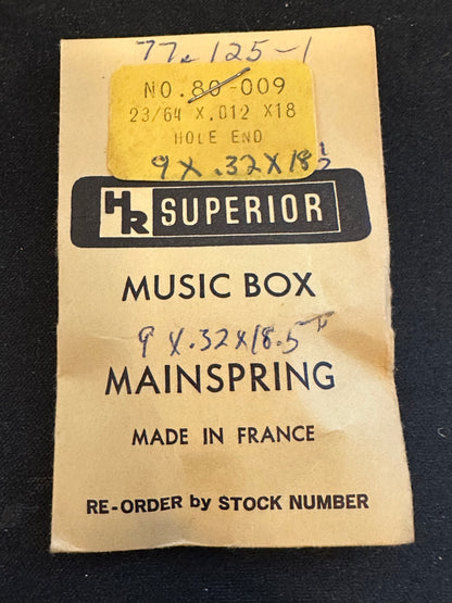 HR Superior Hole End Music Box Mainspring - 23/64" x .012 x 18" Long - No. 80-009