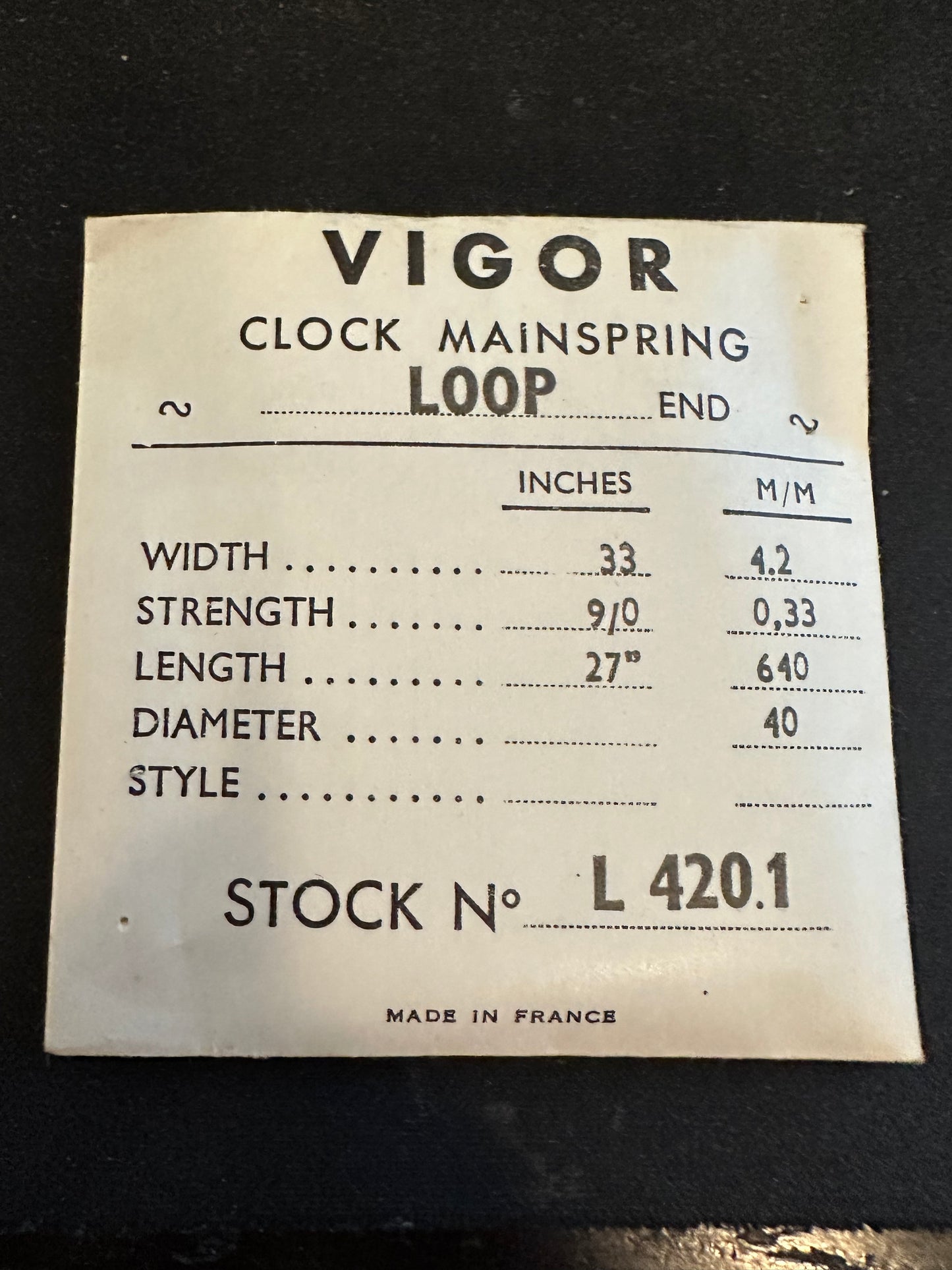 Vigor Open Loop Clock Mainspring - 33 x 9/0 x 27" Long - L 420.1